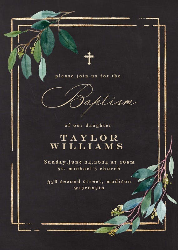 Double frame & leaves - baptism & christening invitation