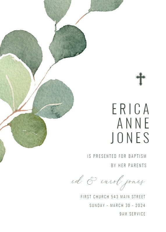 Eucalyptus leaves - baptism & christening invitation