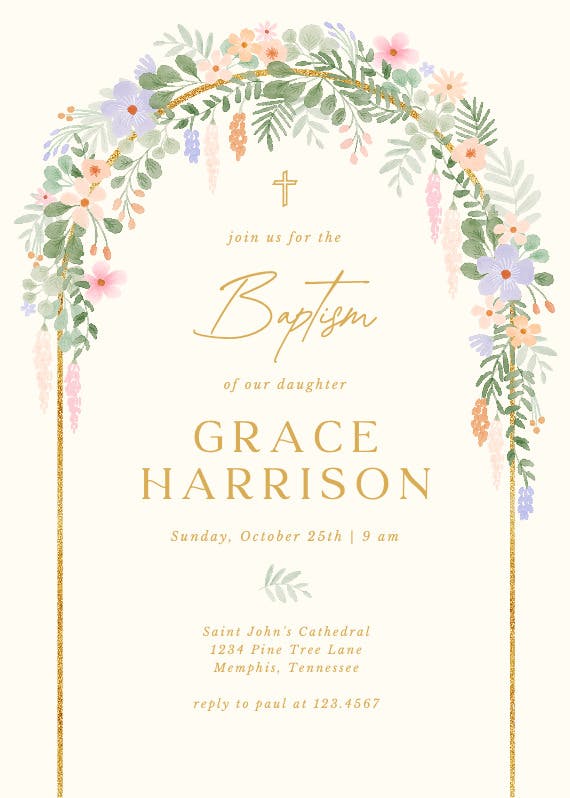 Floral arch - baptism & christening invitation