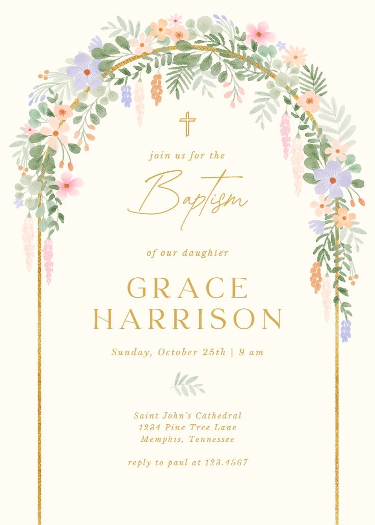 Floral arch - baptism & christening invitation