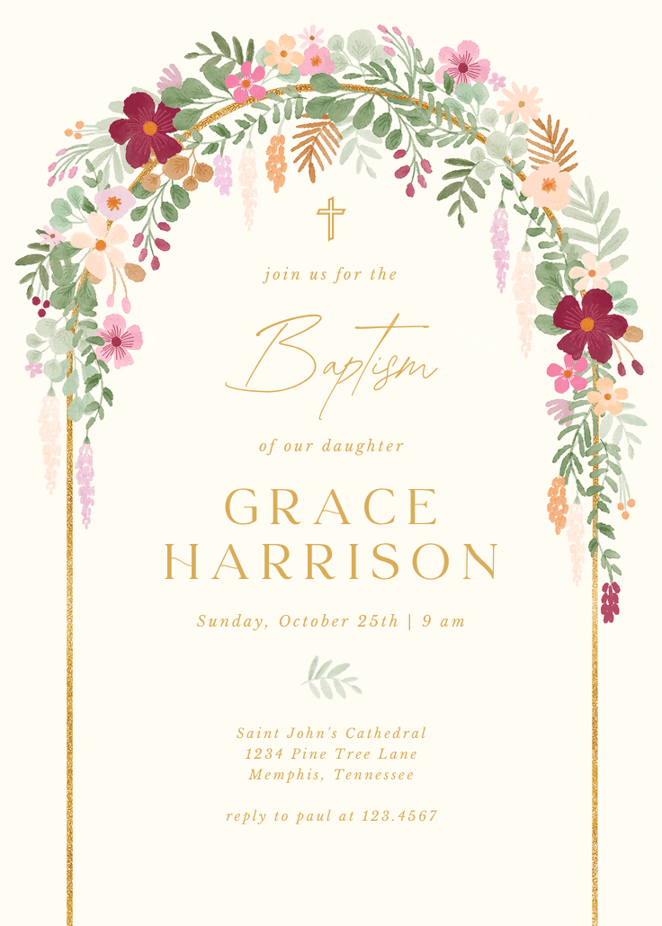 Floral arch - baptism & christening invitation