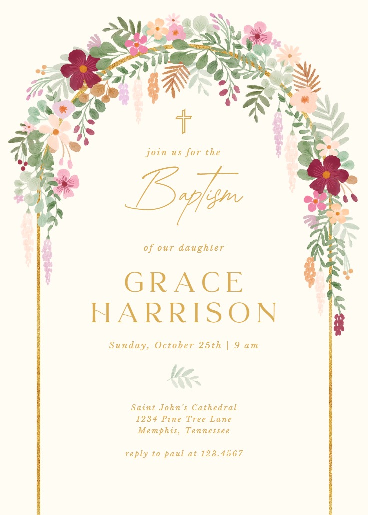 Floral Arch - Baptism & Christening Invitation Template | Greetings Island