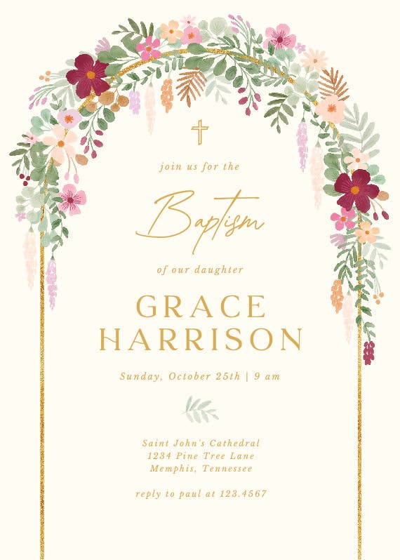 Floral arch - baptism & christening invitation
