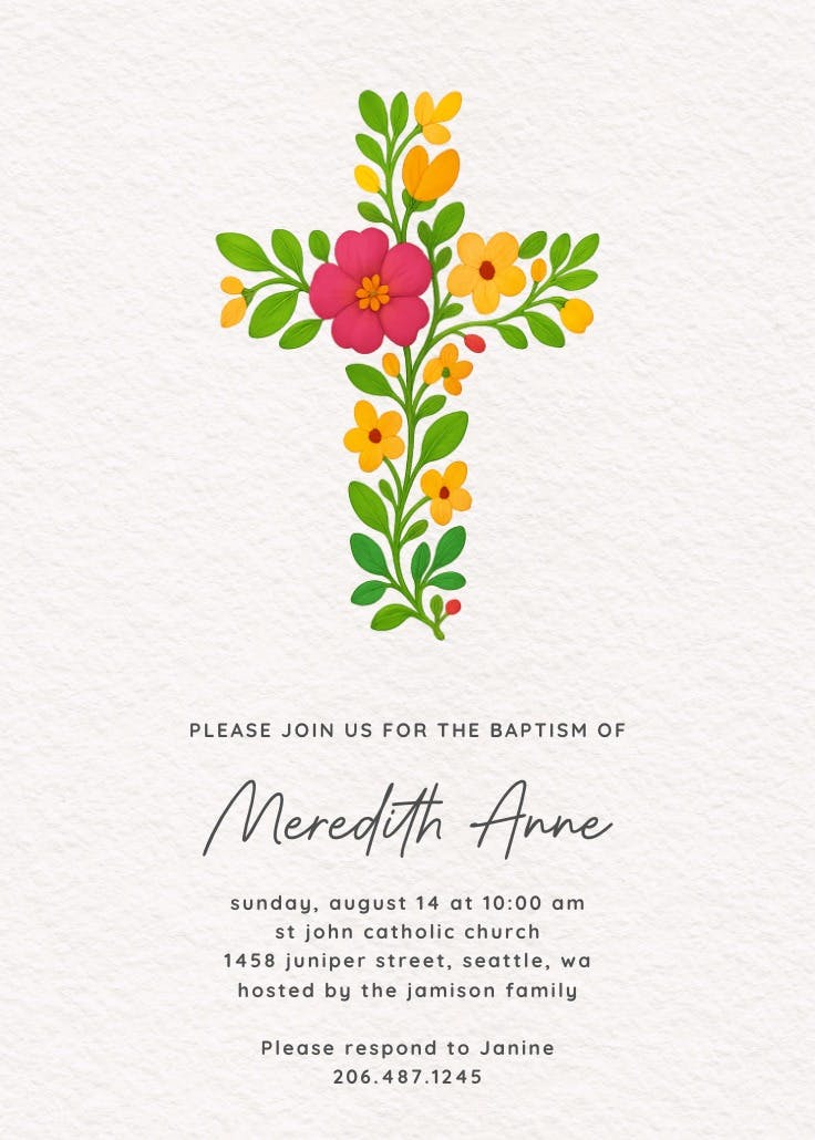 Floral cross - invitación de bautizo