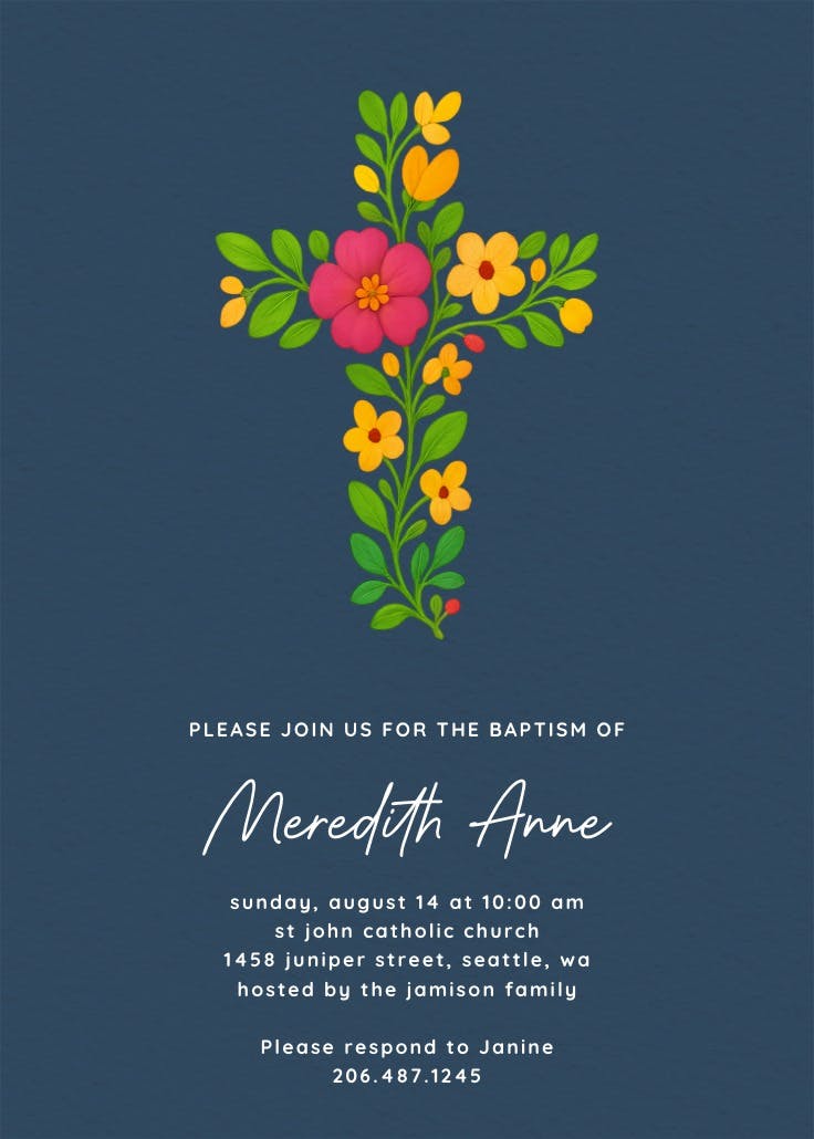 Floral cross - invitación de bautizo