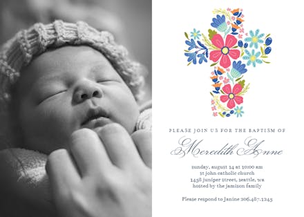 Floral cross photo - Baptism & Christening Invitation