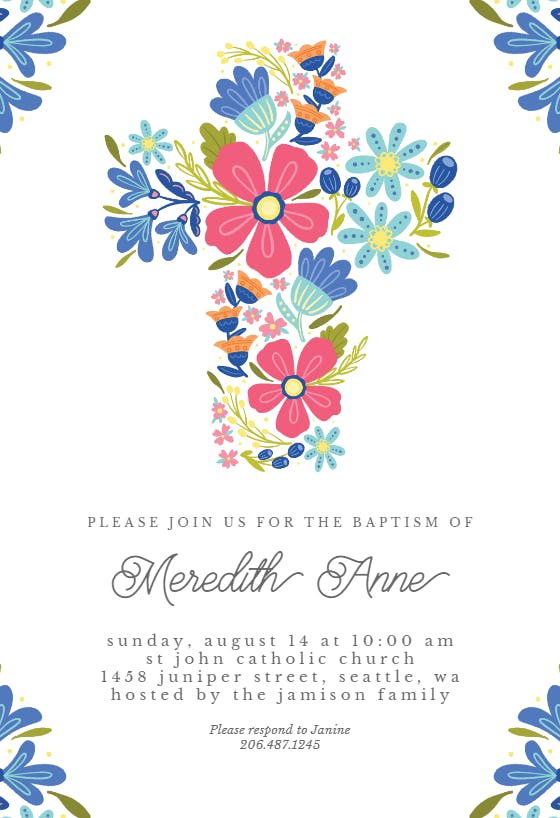 Floral cross -  invitaciones de bautizo