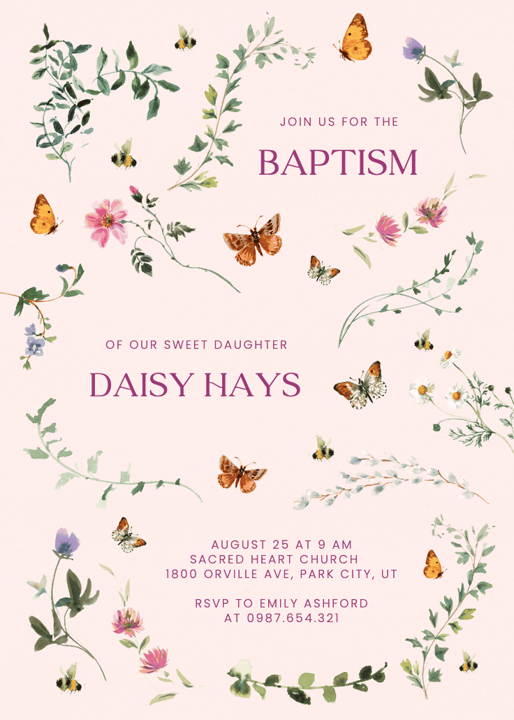 Floral dance with butterflies - baptism & christening invitation