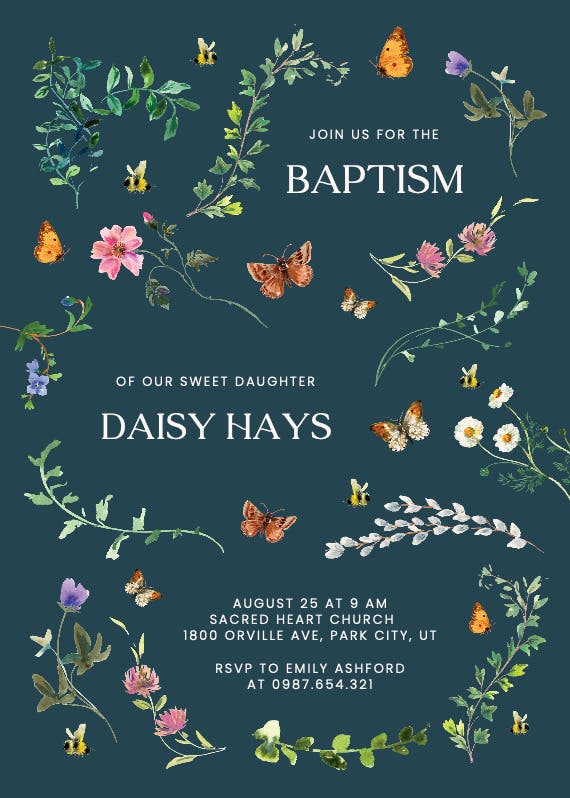 Floral dance with butterflies - baptism & christening invitation