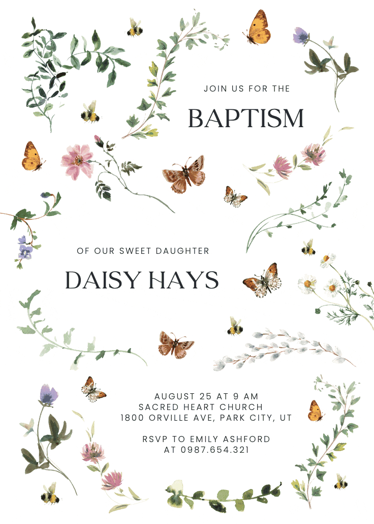 Floral dance with butterflies - baptism & christening invitation