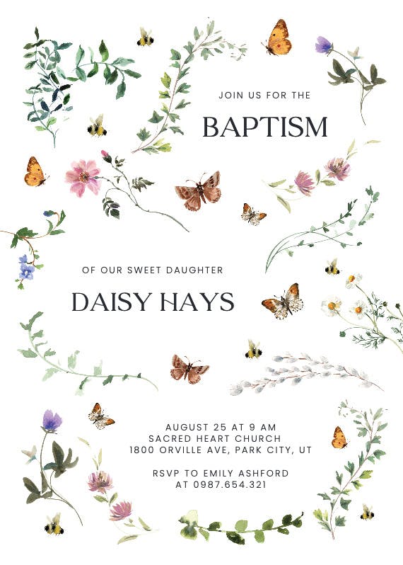 Floral dance with butterflies - baptism & christening invitation