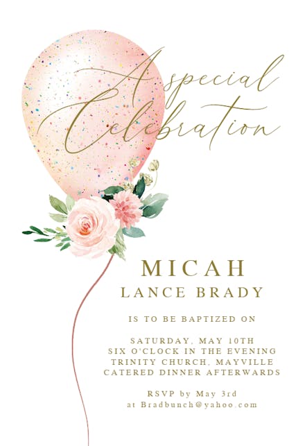 Floral glitter balloon - Baptism & Christening Invitation