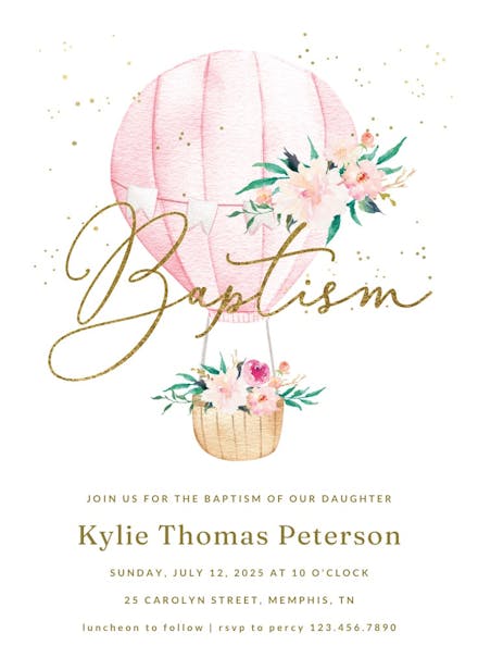 Floral hot air balloon - baptism & christening invitation