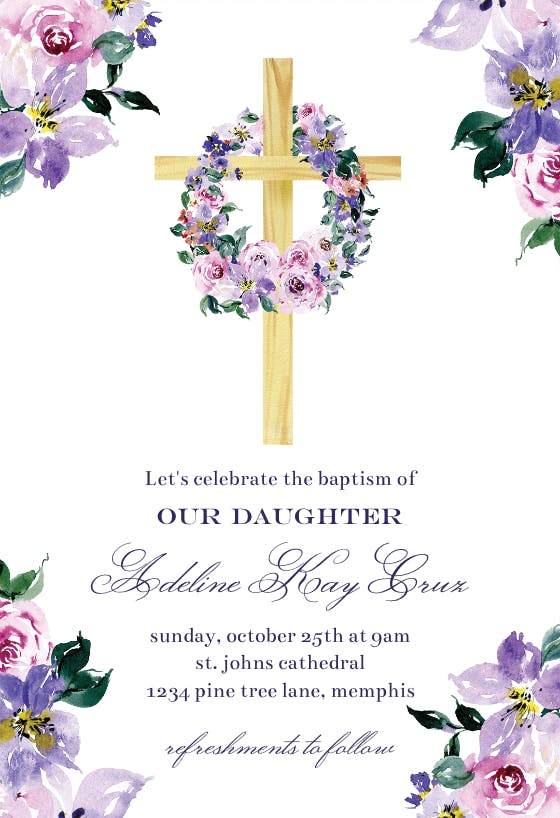 Flower cross - invitación de bautizo
