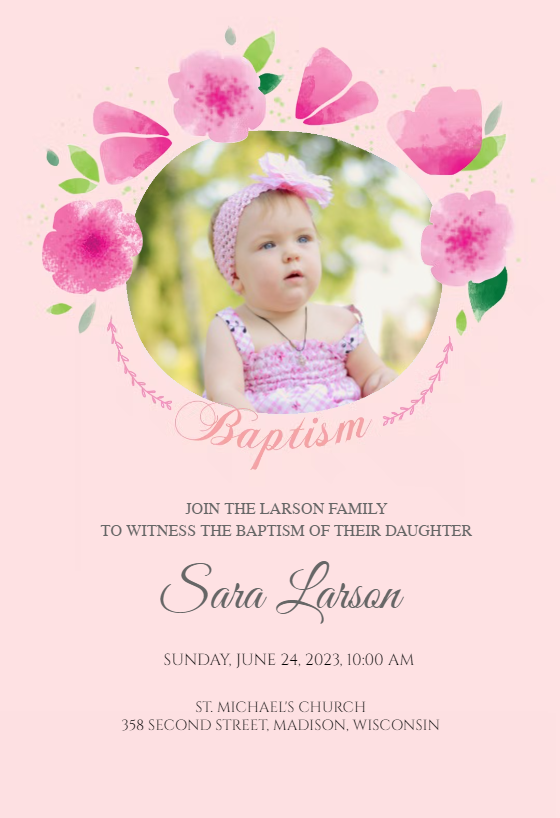 Pink Flower Christening Invitation Baptism Invitation with Photo ...