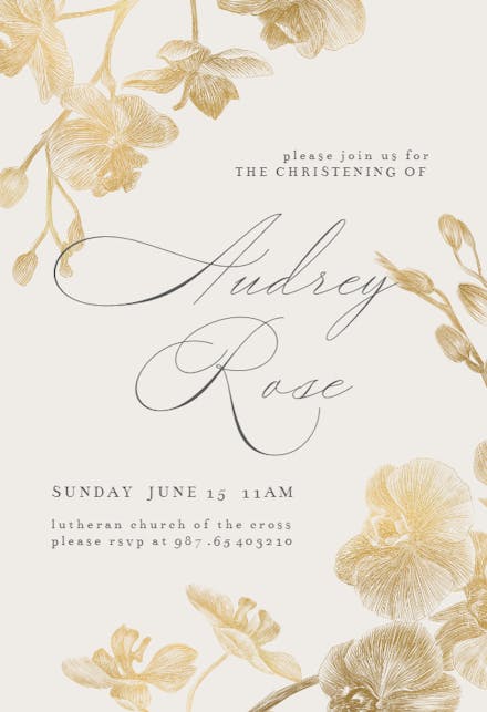 Gold Orchids - Baptism & Christening Invitation