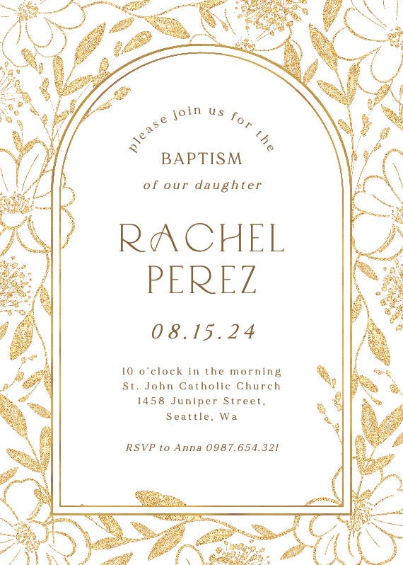 Gold surrounded by blooms - baptism & christening invitation