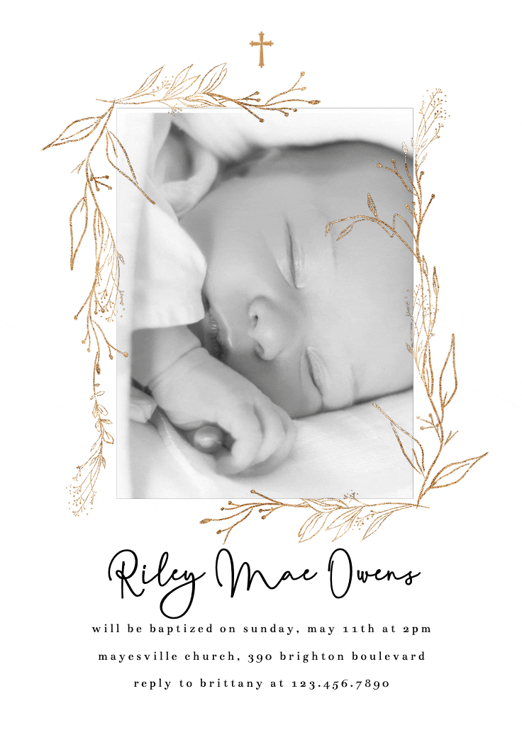 Golden outline branches - invitación de bautizo