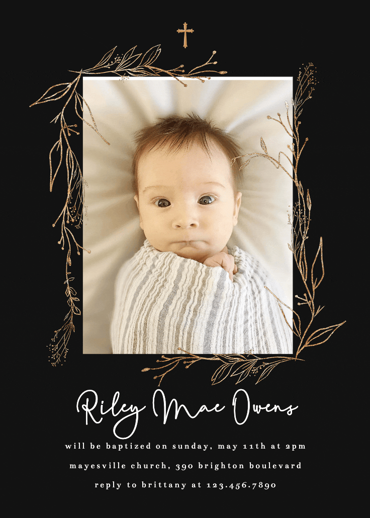 Golden outline branches - baptism & christening invitation