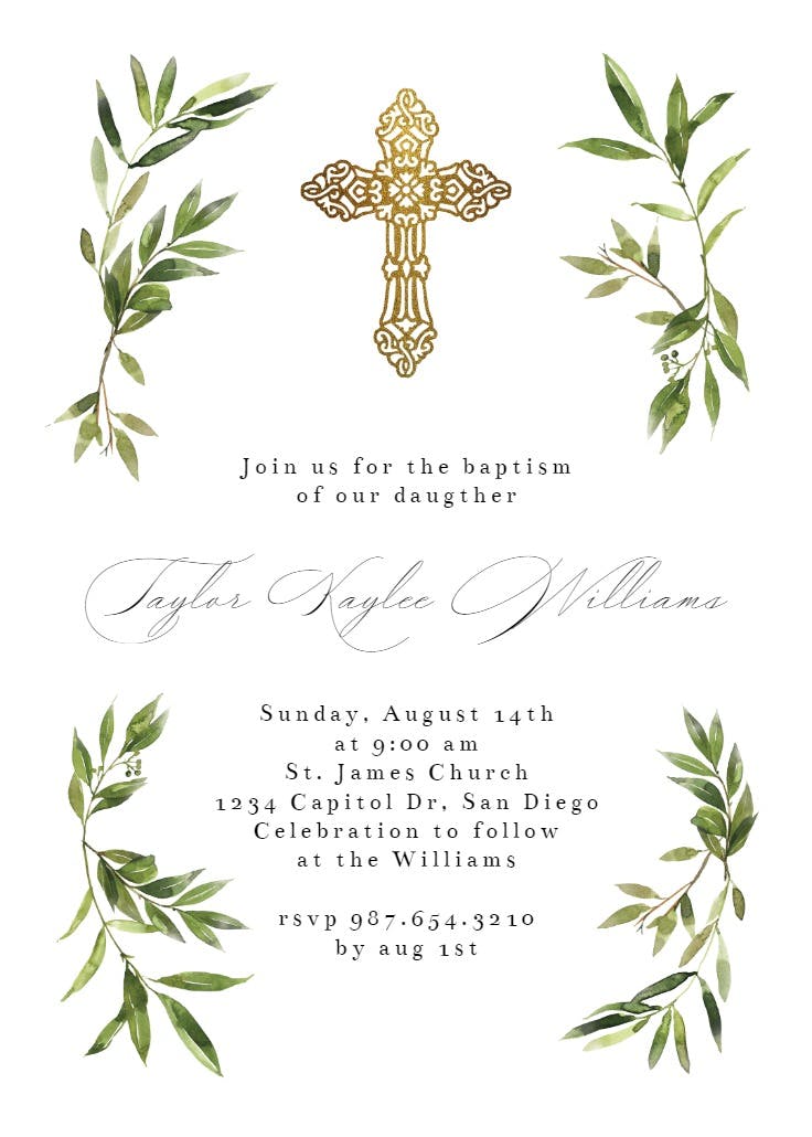 Greenery gold cross - baptism & christening invitation