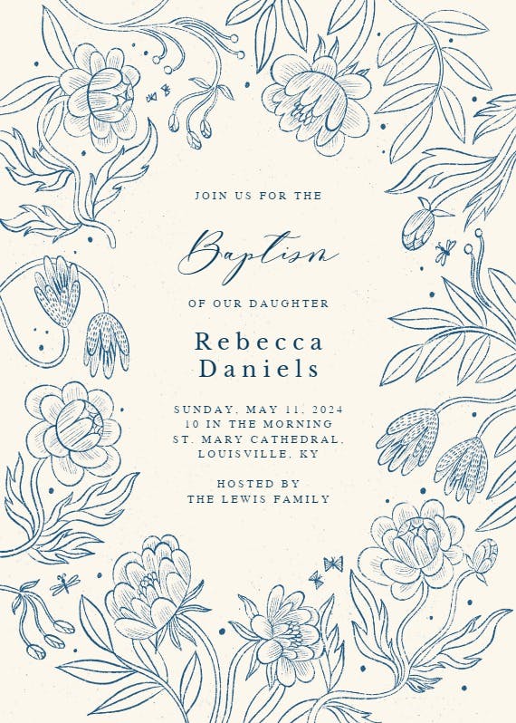 Line drawn floral - baptism & christening invitation