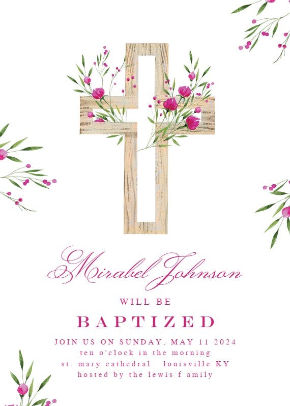 Magenta floral cross - invitación de bautizo