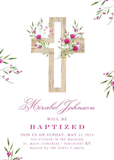 Magenta Floral Cross - Baptism & Christening Invitation Template (Free ...