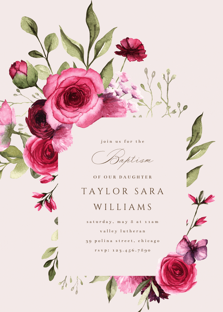 Magenta flowers - baptism & christening invitation