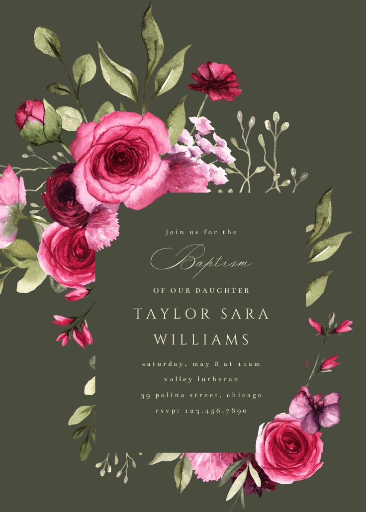 Magenta flowers - baptism & christening invitation