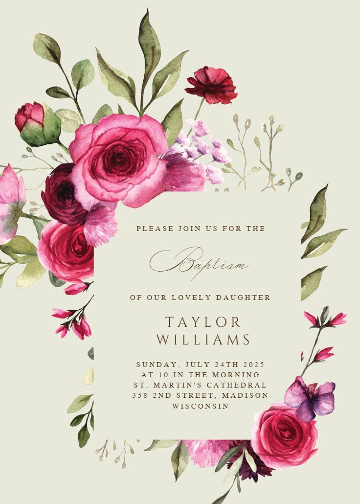 Magenta flowers - baptism & christening invitation