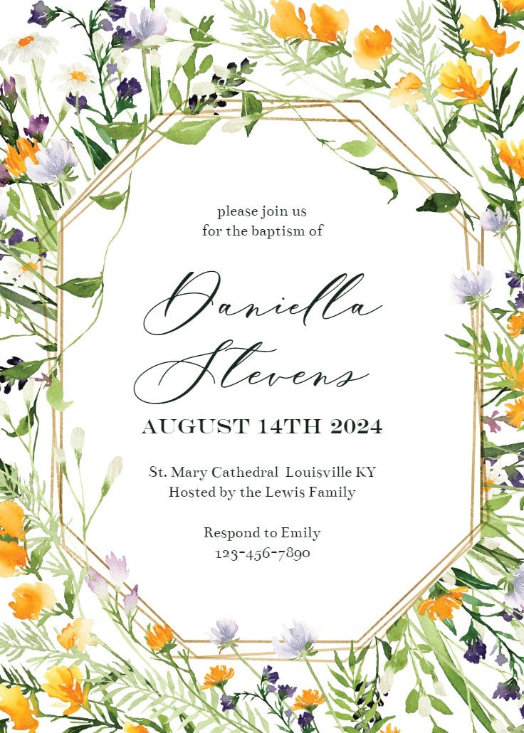 Meadow flowers golden frame -  invitaciones de bautizo