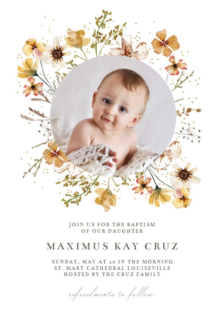 Meadow yellow flowers wreath - baptism & christening invitation