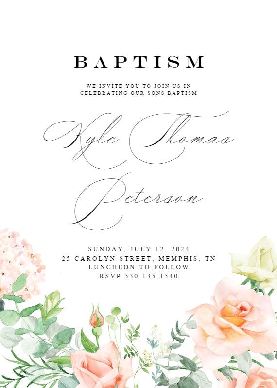 Peach and greenery - baptism & christening invitation