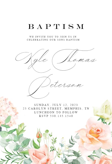 Peach And Greenery - Baptism & Christening Invitation