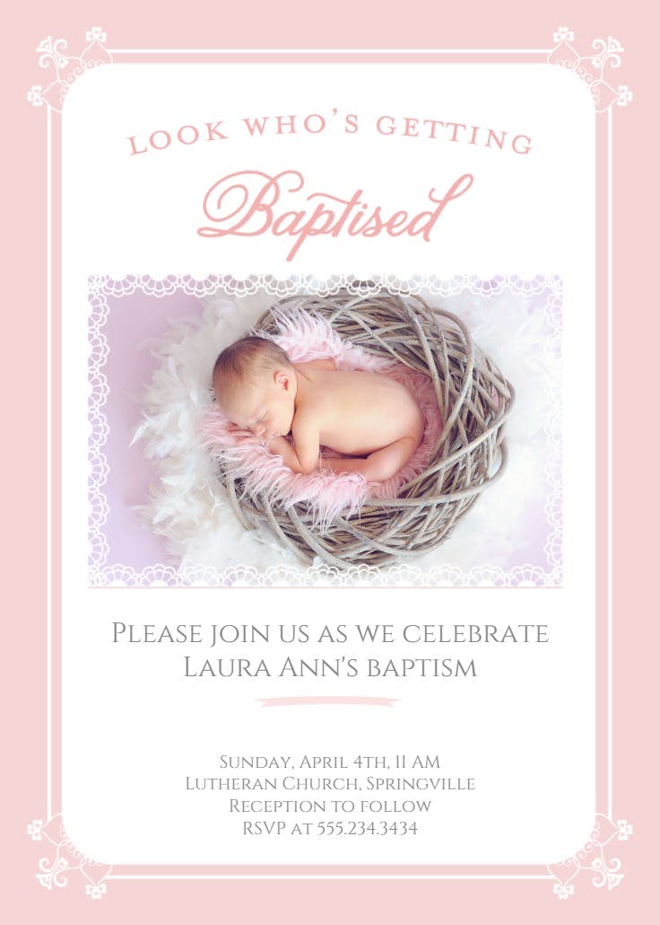 Pink framed lace - baptism & christening invitation