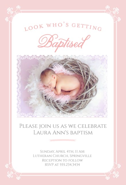 Pink Framed Lace - Baptism & Christening Invitation