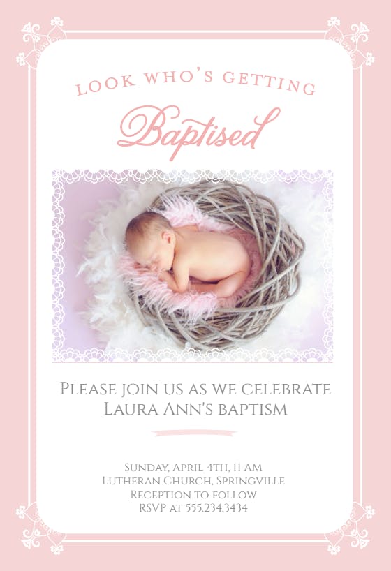 Pink framed lace -  invitaciones de bautizo
