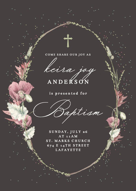 Poppy flower wreath - baptism & christening invitation