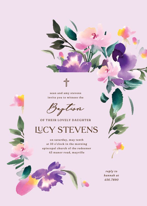 Purple flowers - baptism & christening invitation