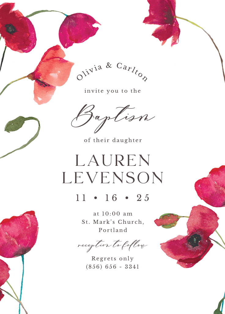Red poppies - invitación de bautizo