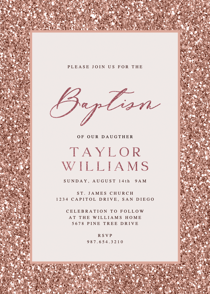 Rose gold glitter - baptism & christening invitation