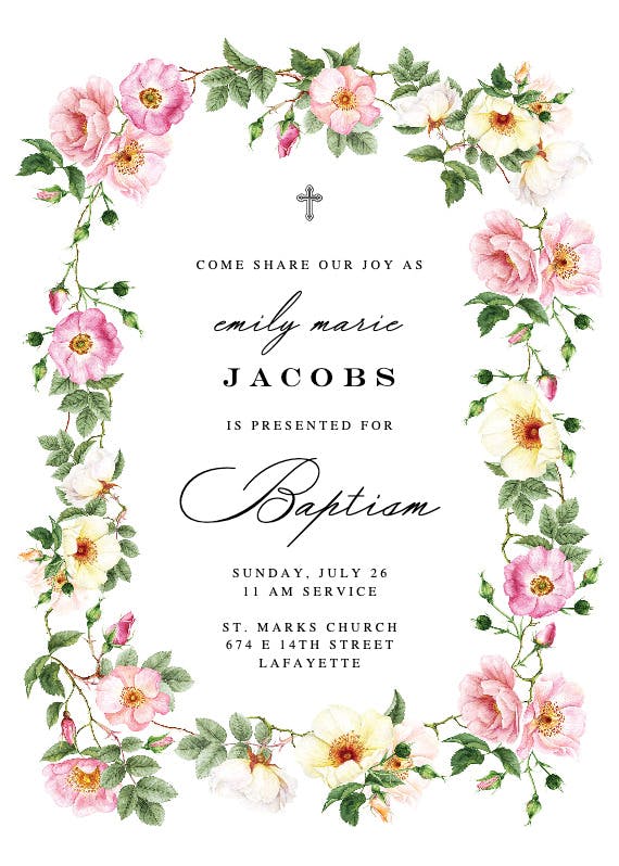 Roses watercolor wreath - baptism & christening invitation