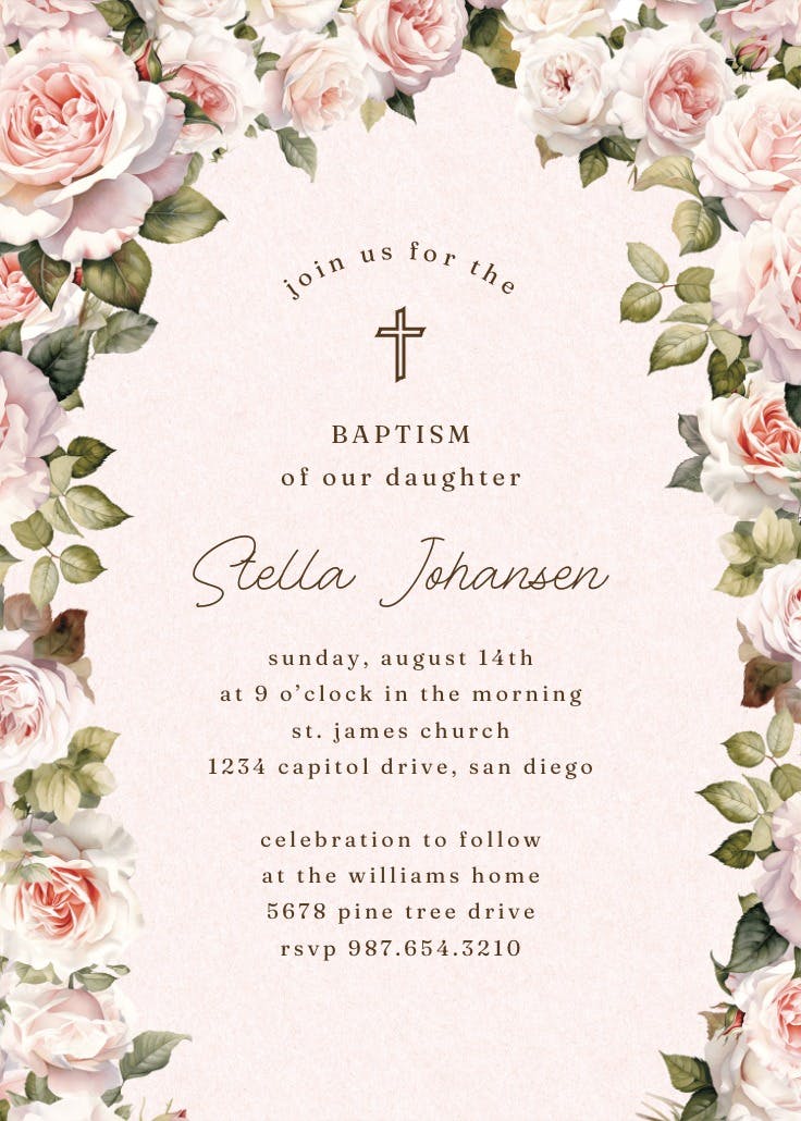 Rosy romance - baptism & christening invitation