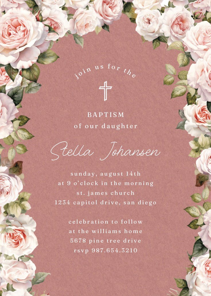 Rosy romance - baptism & christening invitation