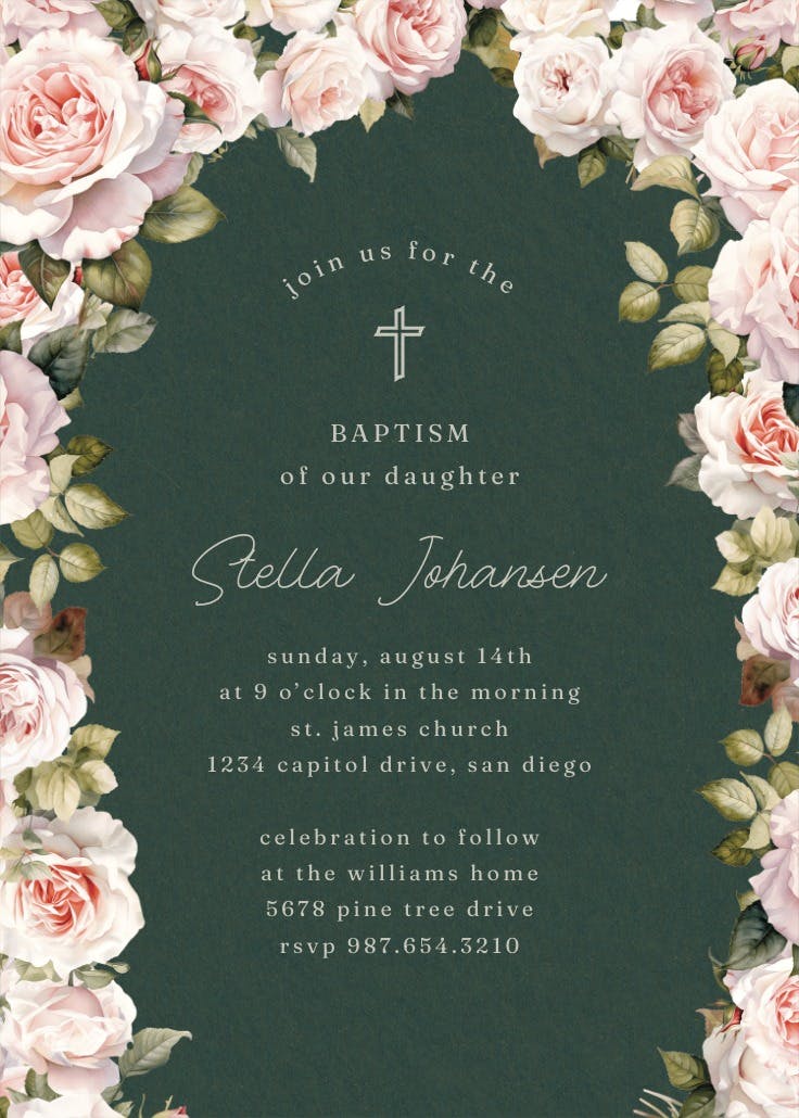 Rosy romance - baptism & christening invitation