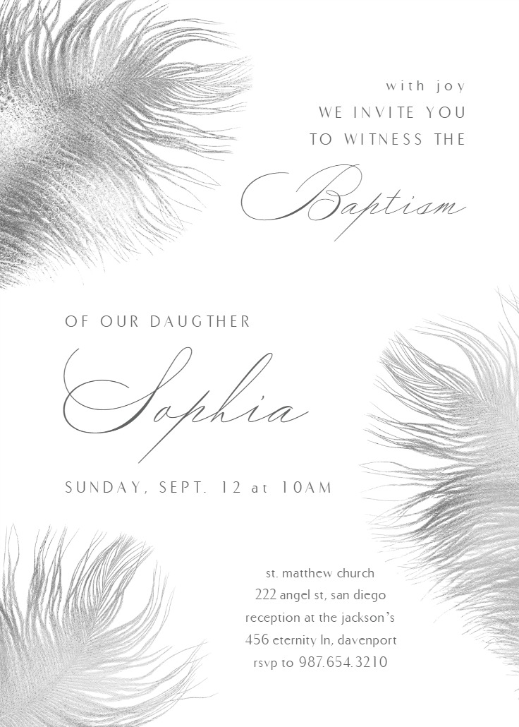 Shimmering Feathers - Baptism & Christening Invitation Template ...