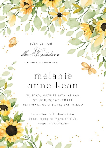 Sunflowers & butterflies - baptism & christening invitation