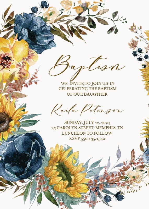 Sunflowers and blue - baptism & christening invitation