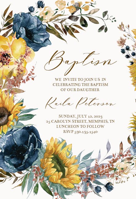 Sunflowers and Blue - Baptism & Christening Invitation