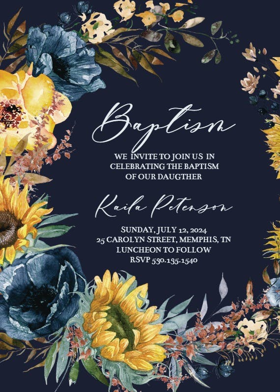 Sunflowers and blue -  invitaciones de bautizo